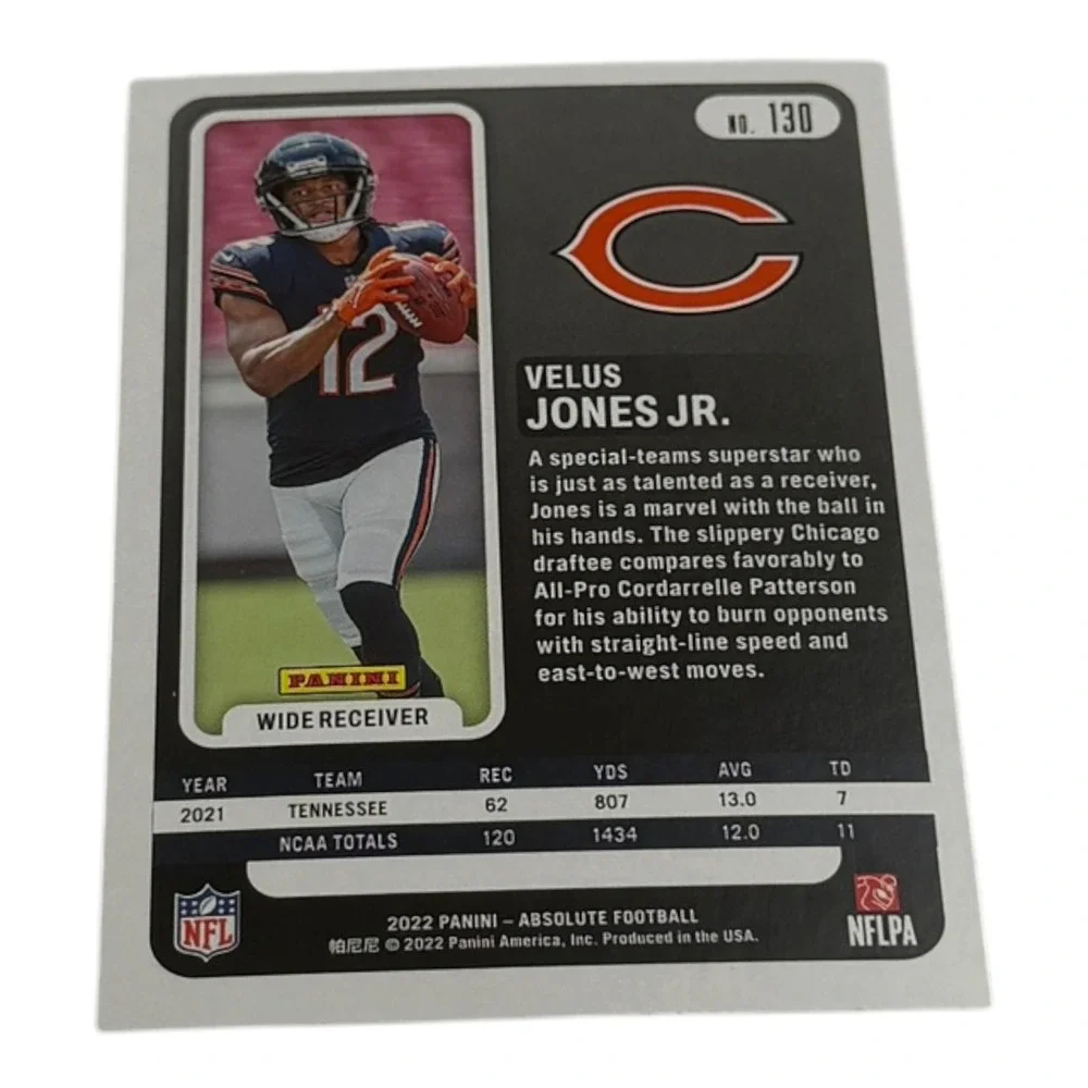 2022 Panini Absolute Football Velus Jones Jr. Rookie Card RC 130 Chicago Bears